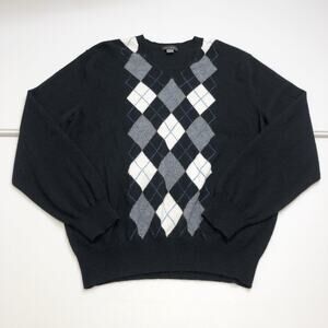 Harrison Men’s 100% Cashmere Argyle Sweater Size XL Black Gray White